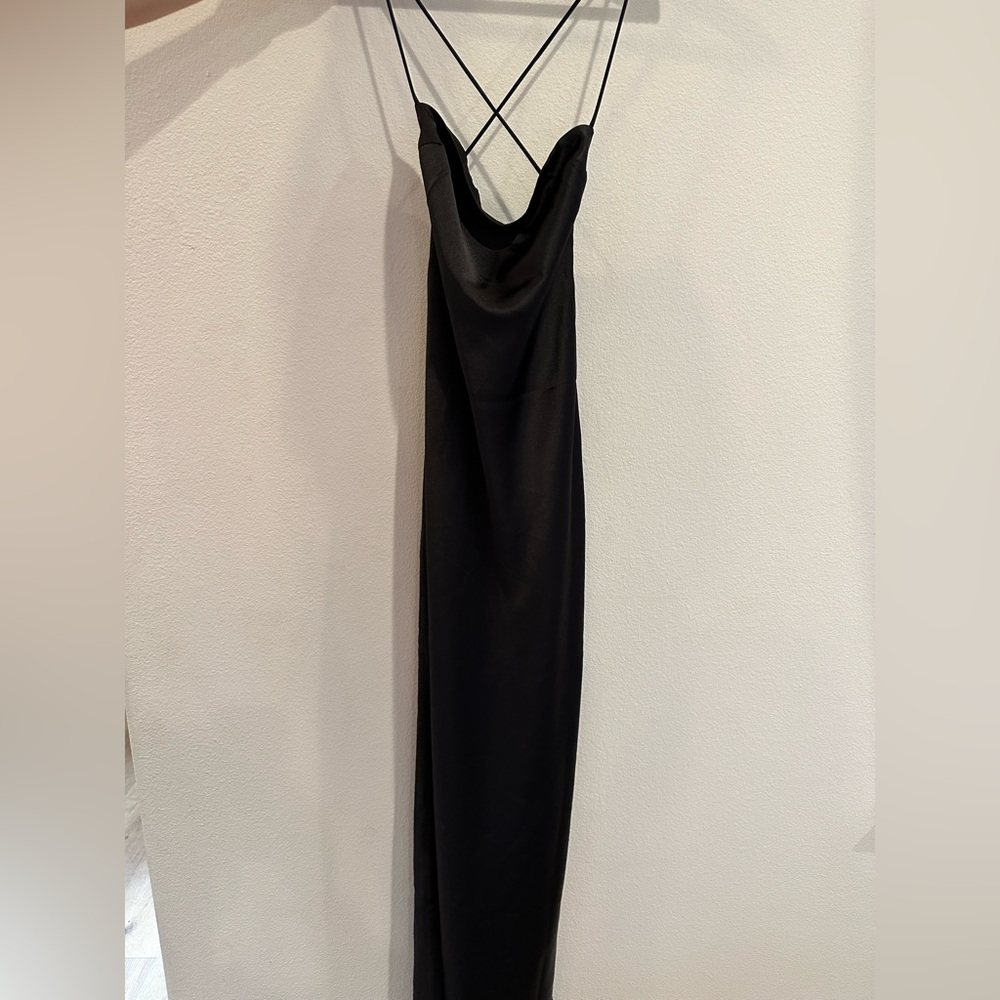 Black Satin Silk Dress with a slit & criss cross back